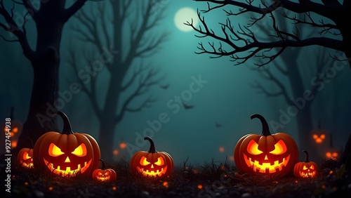 A spooky Halloween scene with glowing jack-o'-lanterns, a full moon, bats, and haunted house silhouettes