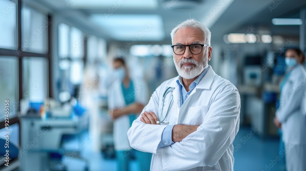 A focused doctor with glasses stands confidently in a busy hospital corridor, surrounded by medical staff and equipment, ready to assist patients A focused doctor with glasses stands confidently in a busy hospital corridor, surrounded by medical staff and equipment, ready to assist patients