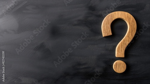 A wooden question mark stands prominently against a dark textured background, inviting contemplation and engagement in discussions at any moment photo