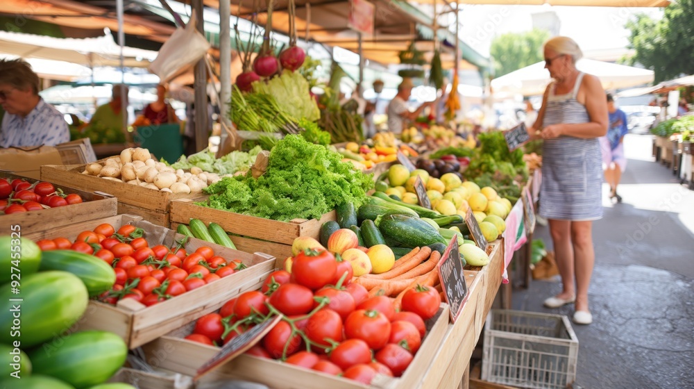 Busy farmers market with stalls full of fresh produce, vibrant colors of fruits and vegetables, people browsing and buying, sense of community and healthy living, outdoor setting Busy farmers market with stalls full of fresh produce, vibrant colors of fruits and vegetables, people browsing and buying, sense of community and healthy living, outdoor setting