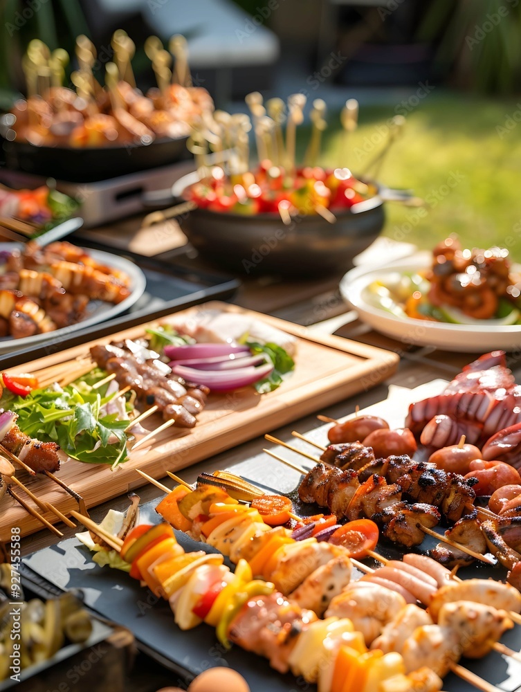 Assorted foods during gourmet outdoor barbecue 
