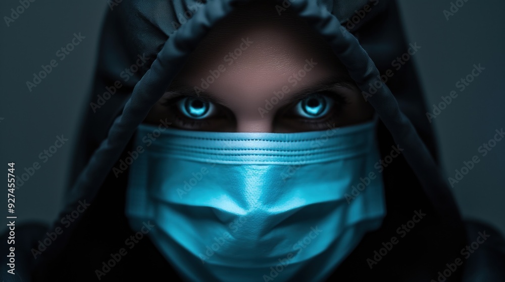 A hooded figure with striking blue eyes gazes intensely while wearing a facial mask, surrounded by an atmospheric dark background A hooded figure with striking blue eyes gazes intensely while wearing a facial mask, surrounded by an atmospheric dark background