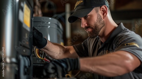 Technician servicing an HVAC unit, checking filters, and calibrating settings to ensure optimal performance and energy efficiency for the homes heating and cooling system