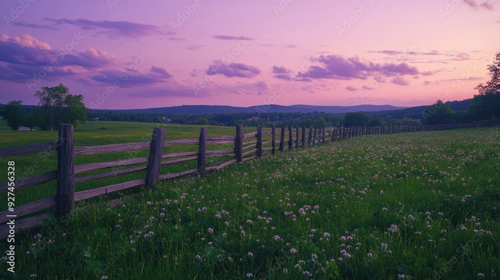 Obraz premium A serene landscape at dusk with a wooden fence and blooming flowers under a purple sky.