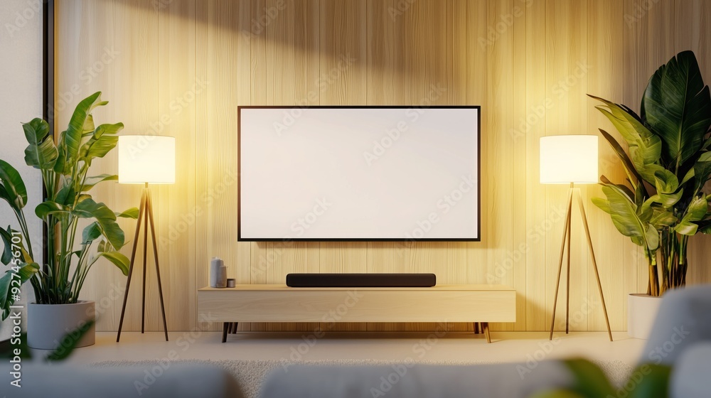 A modern living room with a flat-screen TV, featuring a minimalist design and soft lighting. A modern living room with a flat-screen TV, featuring a minimalist design and soft lighting.