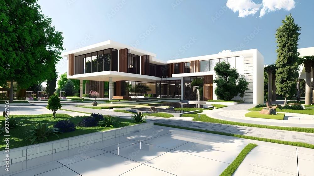 Club-style building, surrounded by a large square, simple modern style Club-style building, surrounded by a large square, simple modern style