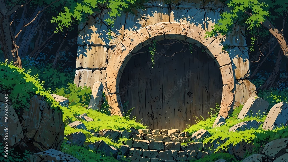 Fototapeta premium Enchanted Forest Cave: A Mysterious Entrance Shrouded in Enchantment Anime Style