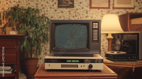 A nostalgic living room with a vintage TV set on a wooden stand, surrounded by classic decor items.