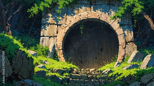 Enchanted Forest Cave: A Mysterious Entrance Shrouded in Enchantment Anime Style