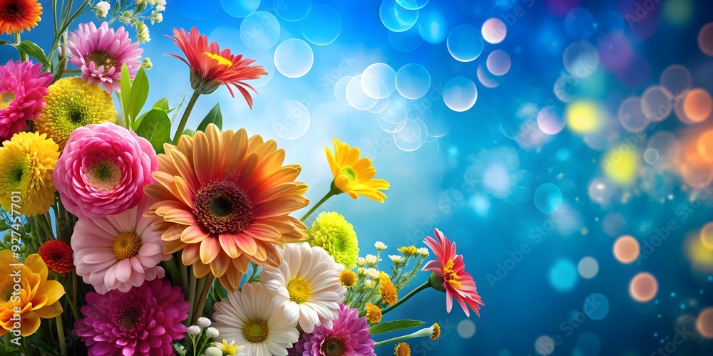 Obraz premium Beautiful flowers on a vibrant blue background, Floral, colorful, vibrant, nature, beauty, bouquet, petals, blooms