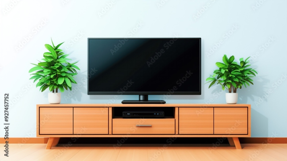 A flat-screen TV displayed on a wooden cabinet in a room with a clean white wall, enhancing the minimalist and modern aesthetic. A flat-screen TV displayed on a wooden cabinet in a room with a clean white wall, enhancing the minimalist and modern aesthetic.