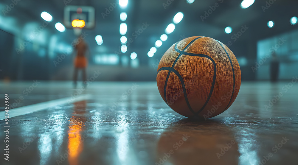 Close-up of a basketball on a shiny court, with players practicing in the background, showcasing the energy of the game. Close-up of a basketball on a shiny court, with players practicing in the background, showcasing the energy of the game.