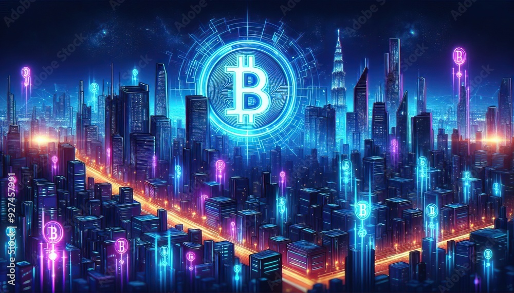 Naklejka premium Bitcoin symbol in a futuristic geometric design with vibrant neon lights representing the advancement of digital currency and blockchain technology