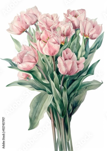 Watercolor illustration of pink tulips with green leaves.