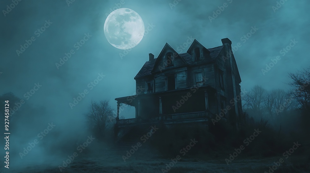 old haunted house with a foggy atmosphere and a full moon in the background, creating a ghostly ambiance old haunted house with a foggy atmosphere and a full moon in the background, creating a ghostly ambiance