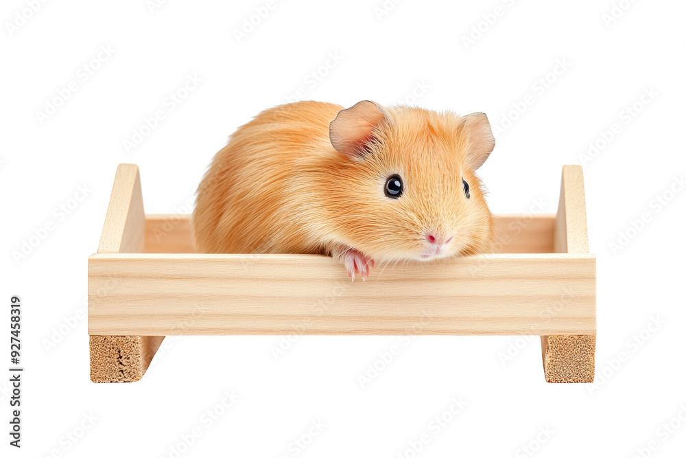 Fototapeta premium A cute golden hamster resting comfortably in a wooden enclosure, perfect for pet lovers and animal enthusiasts.