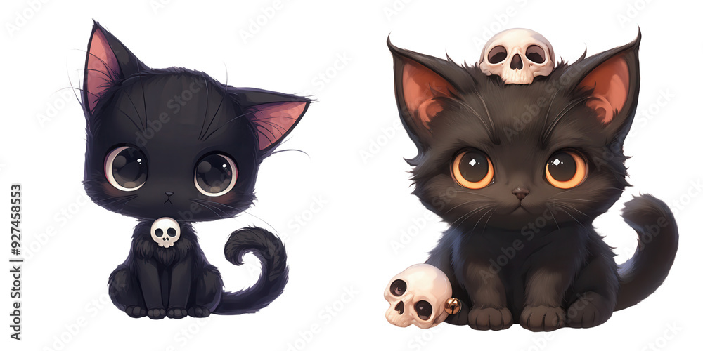 A cute black kitten with a skull accessory, Halloween theme, digital art, isolated on transparent background A cute black kitten with a skull accessory, Halloween theme, digital art, isolated on transparent background