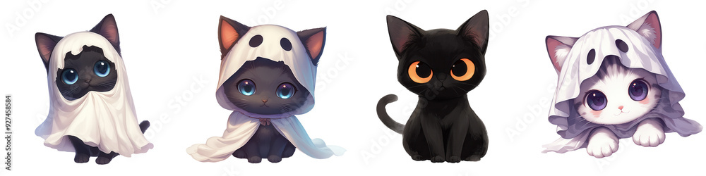 A cute black kitten with a ghost costume, Halloween theme, digital art, isolated on transparent background A cute black kitten with a ghost costume, Halloween theme, digital art, isolated on transparent background