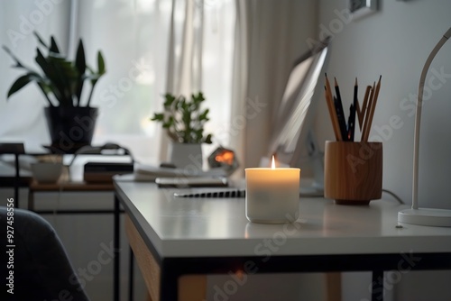 Home office with a scented candle, near workspace, and minimalist decor, fostering a productive and pleasant environment