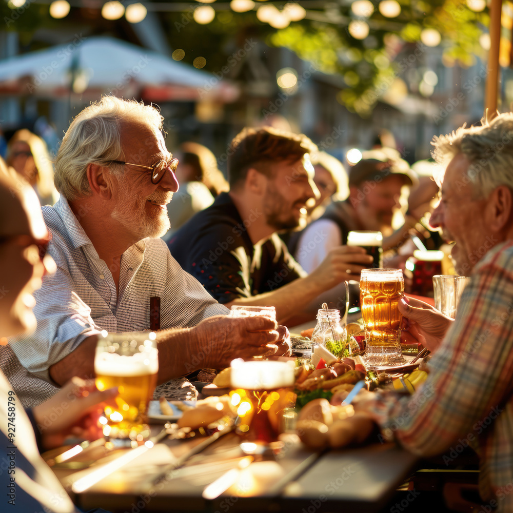 table with people sitting at the Oktoberfest drinking beer from mugs and eating snacks. AI generative. table with people sitting at the Oktoberfest drinking beer from mugs and eating snacks. AI generative.