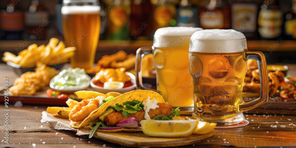 Cold beer with snacks. AI generative. Cold beer with snacks. AI generative.