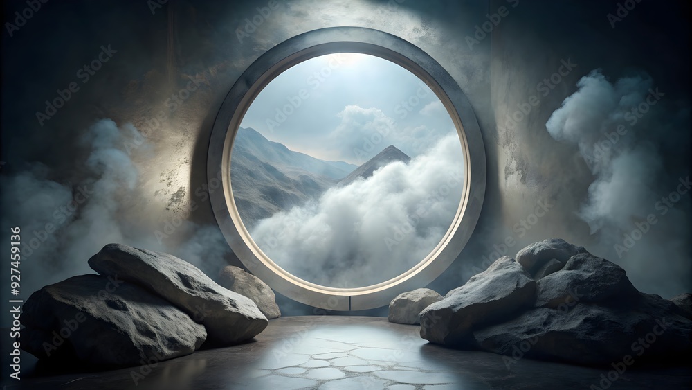 Abstract render with round window, water, rocks, fog, and dark wall for ...