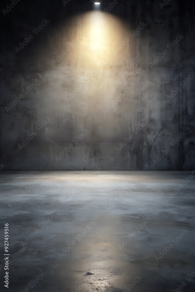Empty Concrete Room with Single Spotlight, Dark Industrial Background with Copy Space