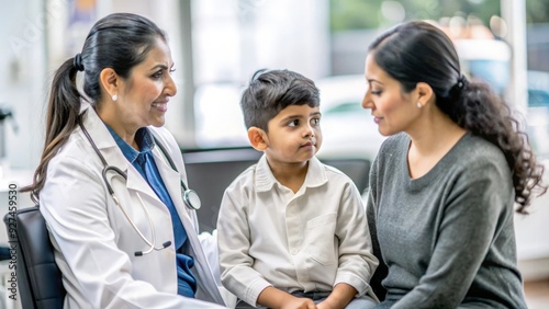 Indian Medical Professional with Patient - Indian female doctor talking to a young patient and their parent, demonstrating a caring and empathetic approach in a healthcare setting. 