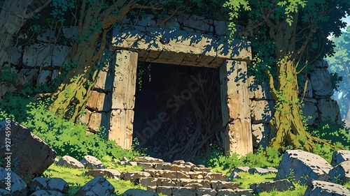 Enchanted Forest Cave: A Mysterious Entrance Shrouded in Enchantment Anime Style