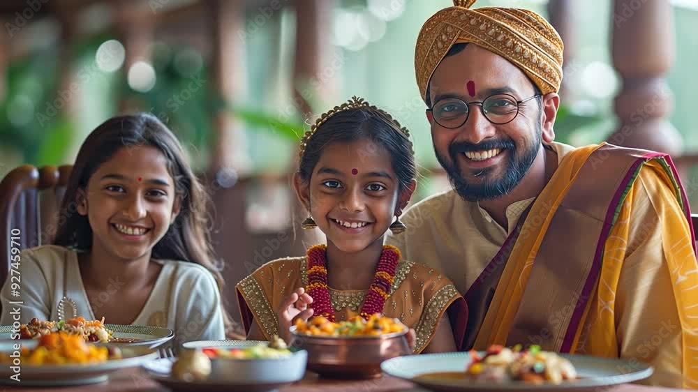 An idyllic picture of a contented Indian family with a father, son, and daughter dressed in traditional attire, enjoying breakfast, lunch, or dinner at the table An idyllic picture of a contented Indian family with a father, son, and daughter dressed in traditional attire, enjoying breakfast, lunch, or dinner at the table