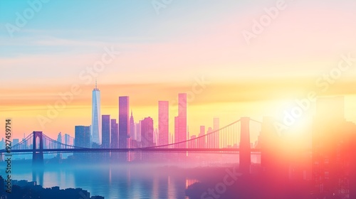 Cityscape Silhouette at Sunset with Bridge and Reflections