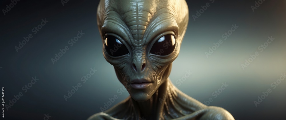 Close-up Portrait of a Gray Alien with Large Eyes