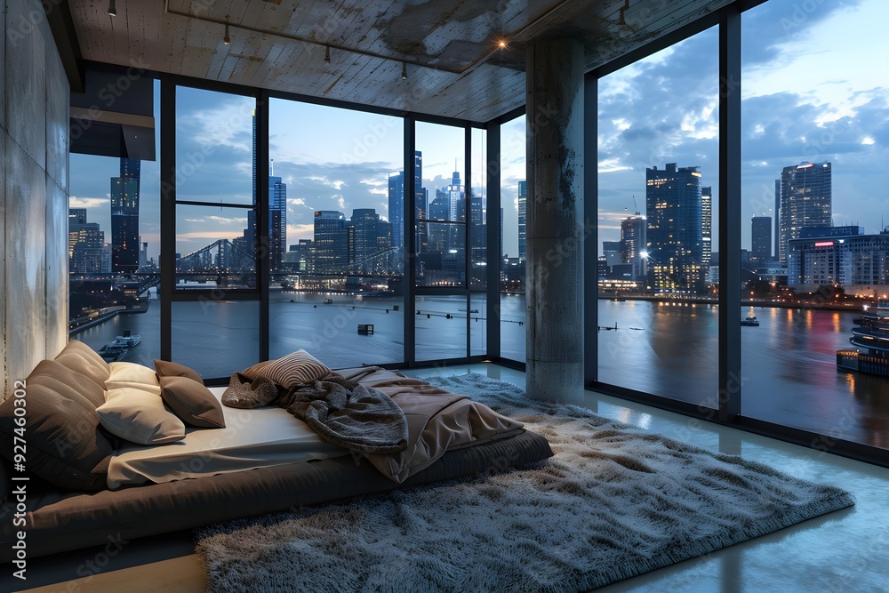 Fototapeta premium Modern bedroom with floor to ceiling windows overlooking the river, minimalist decor, cozy bed and cushions, large soft carpet on the ground, concrete walls, city skyline outside window, evening time.