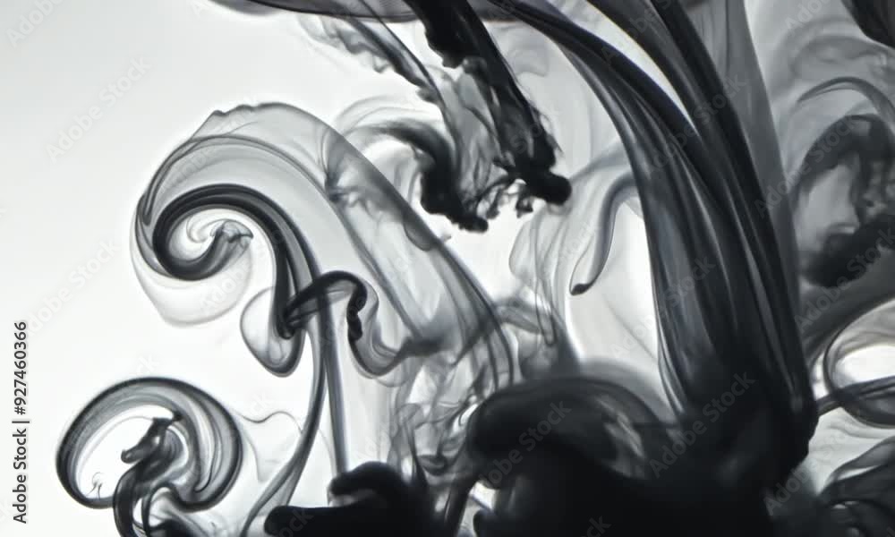 A stunning abstraction in which complex swirling patterns of black smoke contrast against a bright background to create an impressive visual effect.