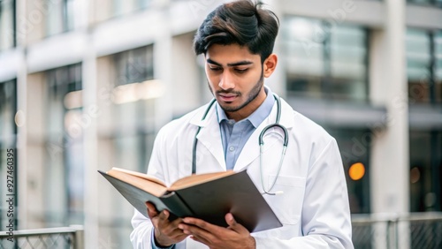 Indian Medical Student in Training - Young Indian medical student in a white coat studying medical books, symbolizing dedication to learning and growth in the healthcare field.
 photo