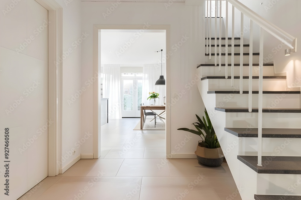 Modern home with a clean and well-lit entrance, white walls and stairs leading to the second floor. On one side of the door is the dining room and on the other side is the living room. Modern home with a clean and well-lit entrance, white walls and stairs leading to the second floor. On one side of the door is the dining room and on the other side is the living room.