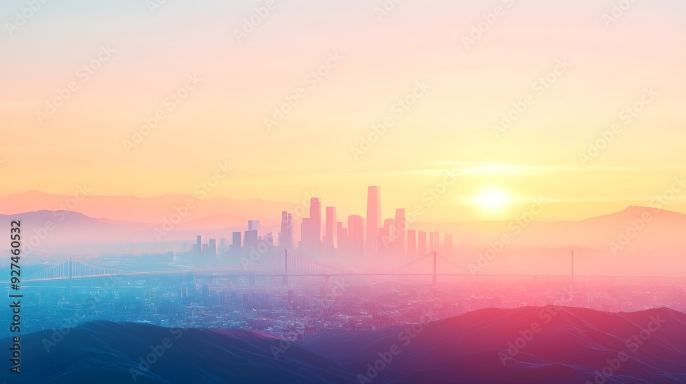 Cityscape Sunset with Bridge and Mountains Cityscape Sunset with Bridge and Mountains