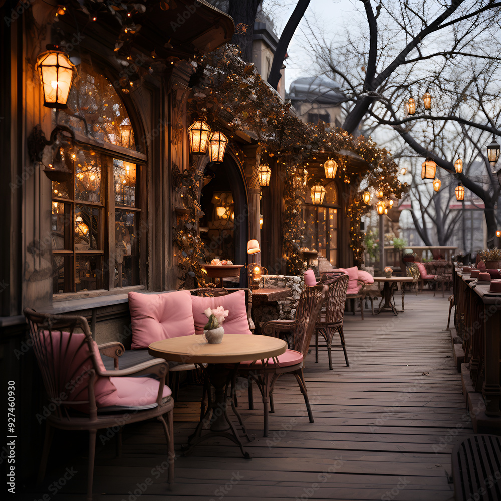 Restaurant decorated in a romantic theme in shades of pink Restaurant decorated in a romantic theme in shades of pink