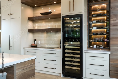 Modern kitchen cabinets in white and beige with glass doors, brushed black titanium wine cooler with recessed lighting, and wooden wine rack. High-end interior includes living room backsplash layout 