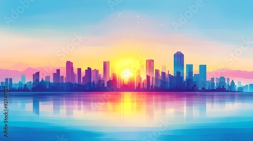 Colorful Cityscape Sunset with Water Reflection