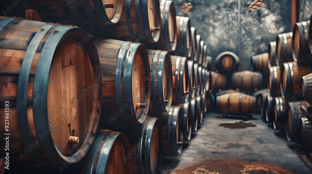 Oak wine barrels in old dark wine cellar Stacks of cognac, brandy, beer, whiskey barrels are made in a warehouse Oak wine barrels in old dark wine cellar Stacks of cognac, brandy, beer, whiskey barrels are made in a warehouse