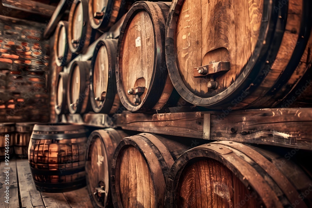 Oak wine barrels in old dark wine cellar Stacks of cognac, brandy, beer, whiskey barrels are made in a warehouse Oak wine barrels in old dark wine cellar Stacks of cognac, brandy, beer, whiskey barrels are made in a warehouse