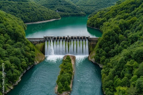 Aerial view of a hydroelectric dam surrounded by lush green forests. Serene scenery with a natural water barrier. Perfect for environmental themes and nature-inspired projects. Generative AI.