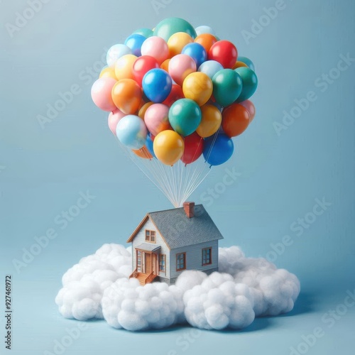 A simple house tied with lots of colorful balloons and flying above the clouds, realistic and accurate details in 8k resolution