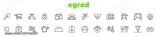 ogród, zestaw ikon, ogrodnictwo, rośliny, uprawa roślin, wektorowe ikony, edytowalna linia, sadzonka, zraszacz ogrodowy, konewka, nasiona, kwiat, taczka, lampka ogrodowa, łopatka, grill i inne
