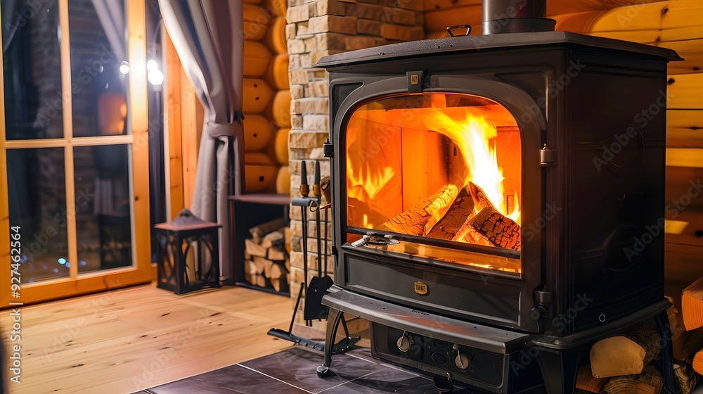 Room with a pellet and wood stove for heating. Room with a pellet and wood stove for heating.