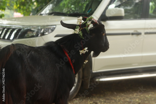 A Black and White Goat decorated by garland tika thread and oil for ritual of bali at Tarkulha Devi mandir or temple, ready for the sacrifice at temple , Gorakhpur photo