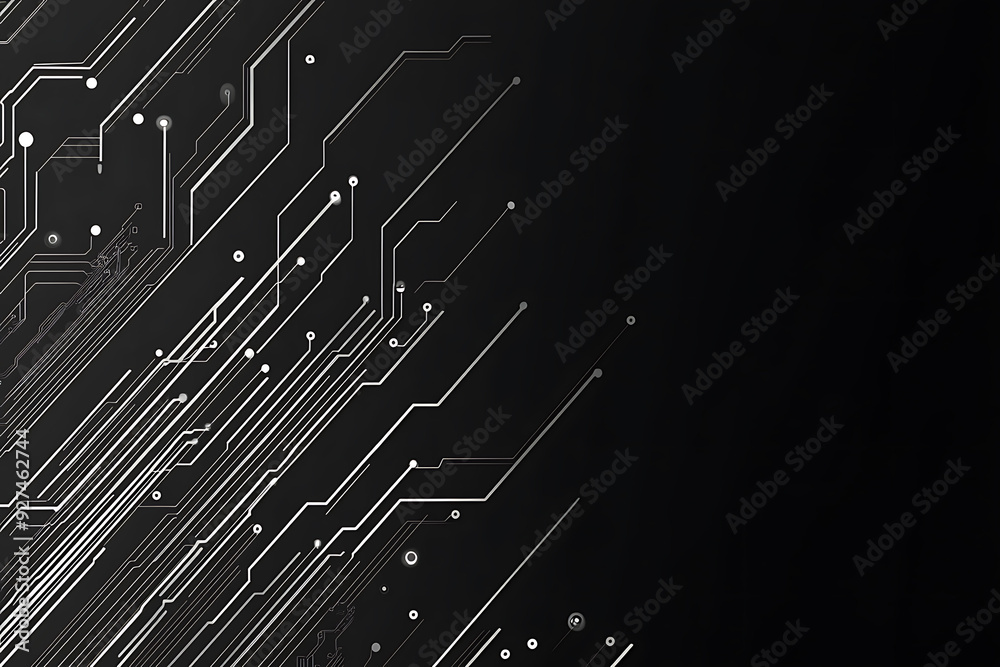 A modern abstract circuit design with silver lines and dots on a sleek dark background, ideal for technology-related templates and web design. A modern abstract circuit design with silver lines and dots on a sleek dark background, ideal for technology-related templates and web design.