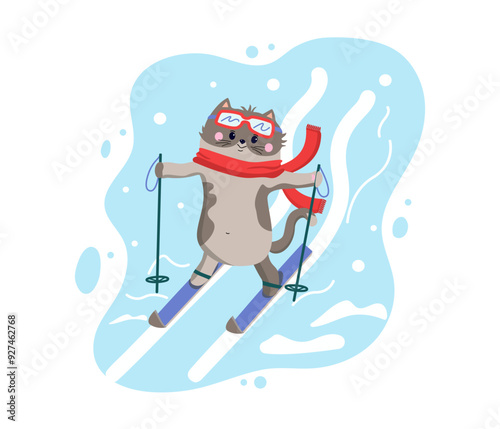 Cat on skis with poles in a knitted scarf goes down the mountain. Snow, winter illustration. Active lifestyle, sport. Animal character, kitten. Background isolated.