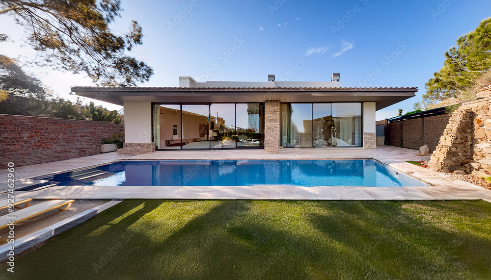 Modern luxury villa with large pool under blue sky Modern luxury villa with large pool under blue sky